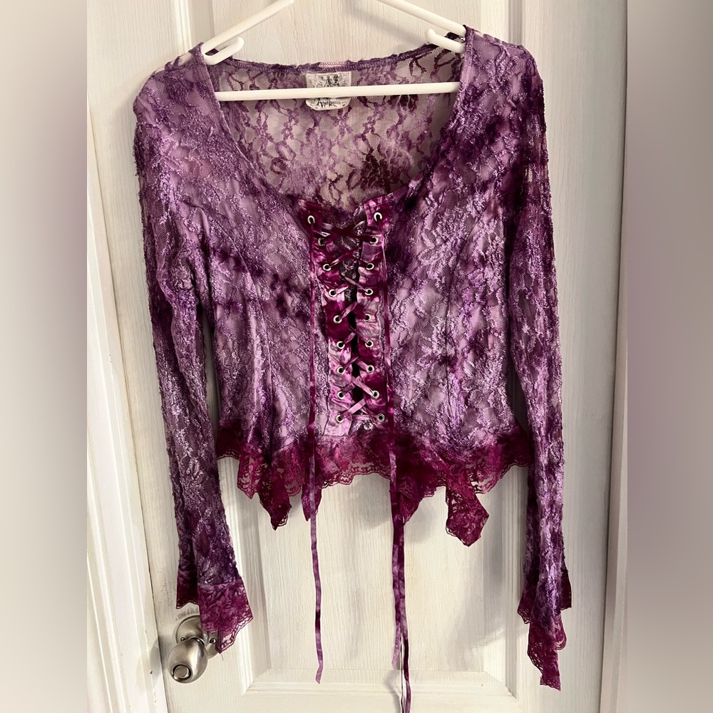 Purple tie-dye lace top with ribbon tie ups; Bell Sleeves;  Women’s Medium.